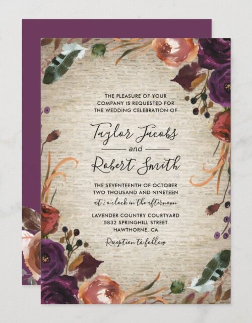 Rustic Chateau Butterum & Plum Floral Wedding Invitation