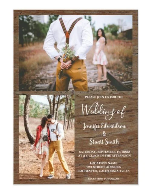Rustic country barn wood photo collage wedding magnetic invitation