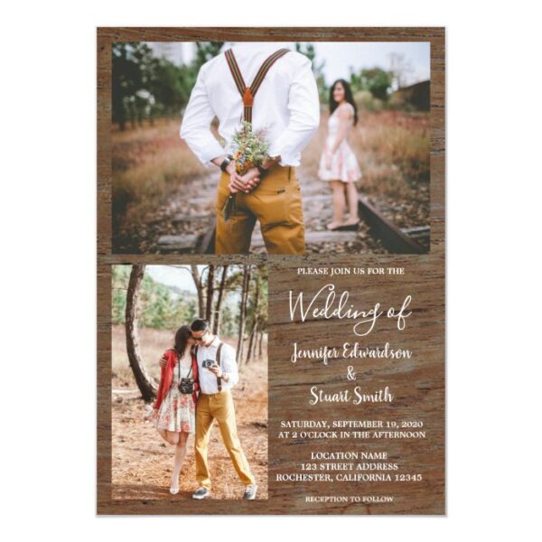 Rustic country barn wood photo collage wedding magnetic invitation