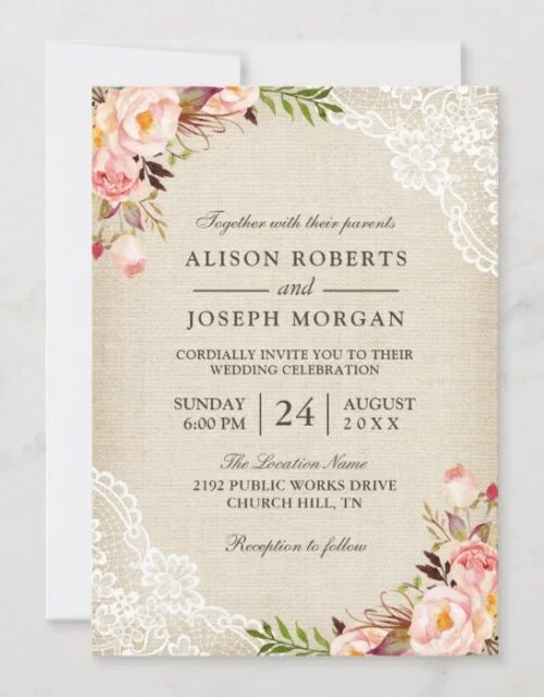 Rustic Country Classy Floral Lace Burlap Wedding Invitation