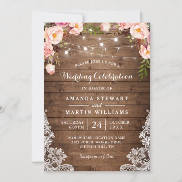 Rustic Country String Lights Floral Lace Wedding Invitation