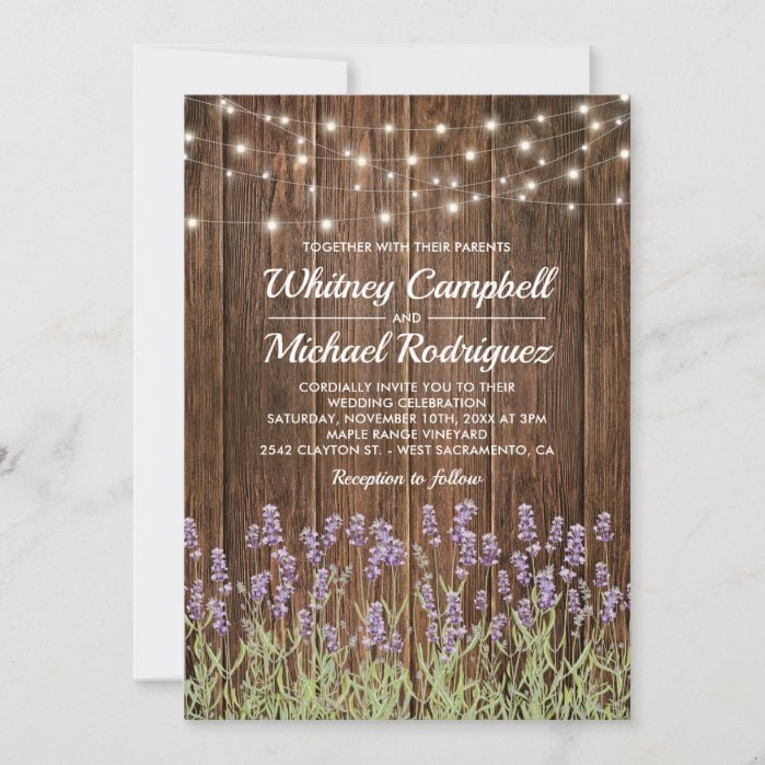 Rustic Country Wood String Lights  Floral Wedding Invitation