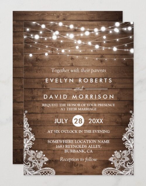 Rustic Country Wood Twinkle Lights Lace Wedding Invitation