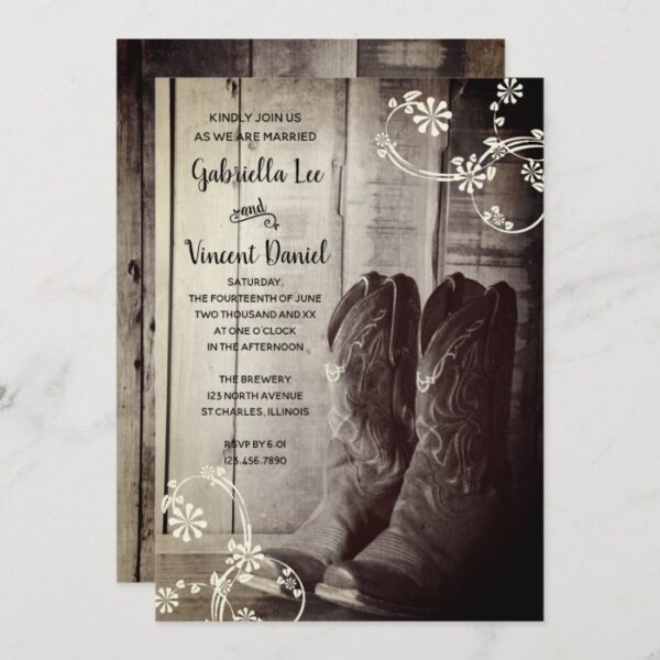 Rustic Cowboy Boots Floral Country Western Wedding Invitation