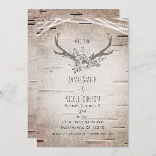 Rustic Deer Antlers & White Birch Vintage Wedding Invitation