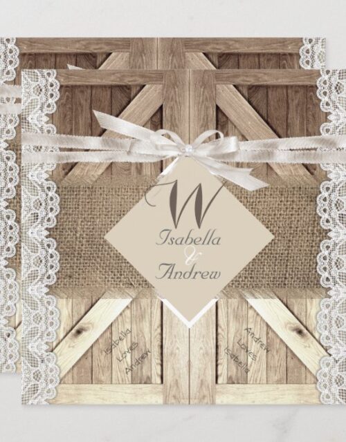 Rustic Door Wedding Lace Wood Burlap Writing 2 Invitation