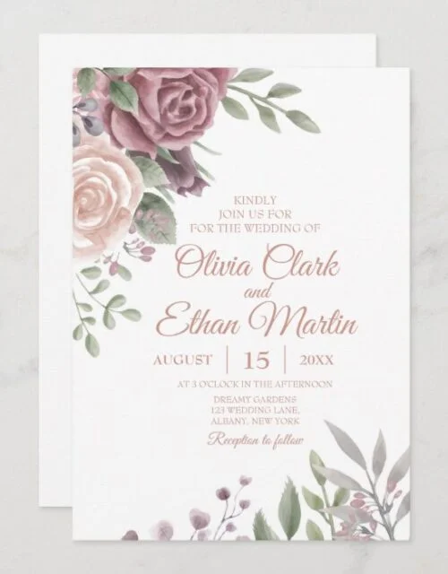 Rustic Dusty Rose Watercolor Floral Bouquet Invitation