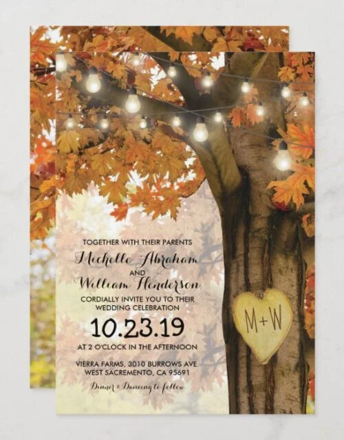 Rustic Fall Autumn Tree Twinkle Lights Wedding Invitation