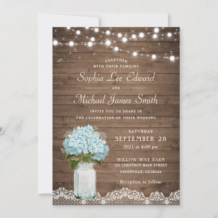 Rustic Floral Hydrangea Mason Jar String Lights Invitation