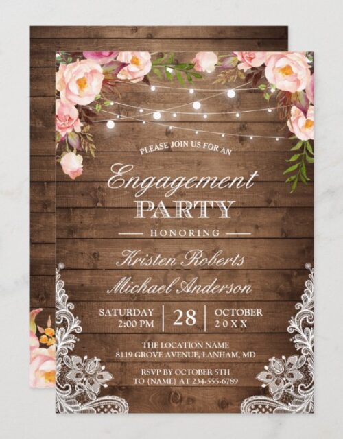 Rustic Floral Lace String Lights Engagement Party Invitation