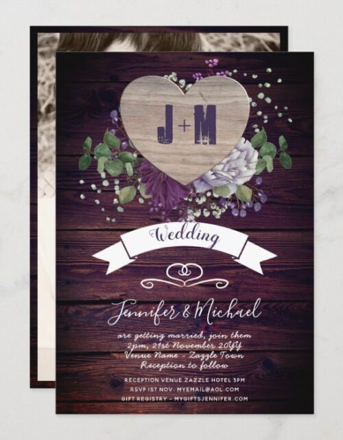 Rustic Heart PHOTO Wedding Invite Purple Wood