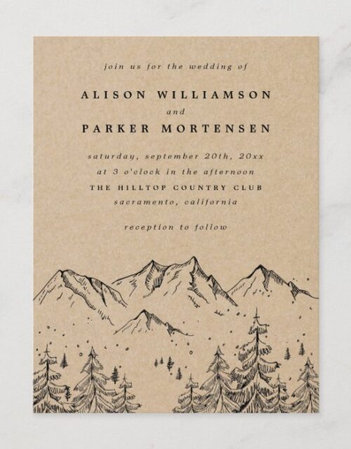 Rustic Kraft Hand-drawn Mountains & Trees Wedding Invitation Postcard