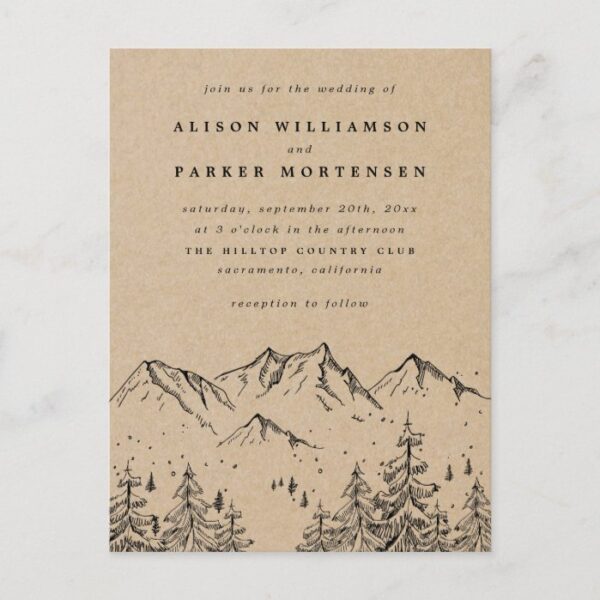 Rustic Kraft Hand-drawn Mountains & Trees Wedding Invitation Postcard