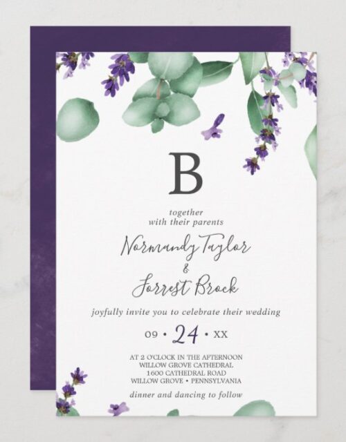 Rustic Lavender and Eucalyptus Monogram Wedding Invitation