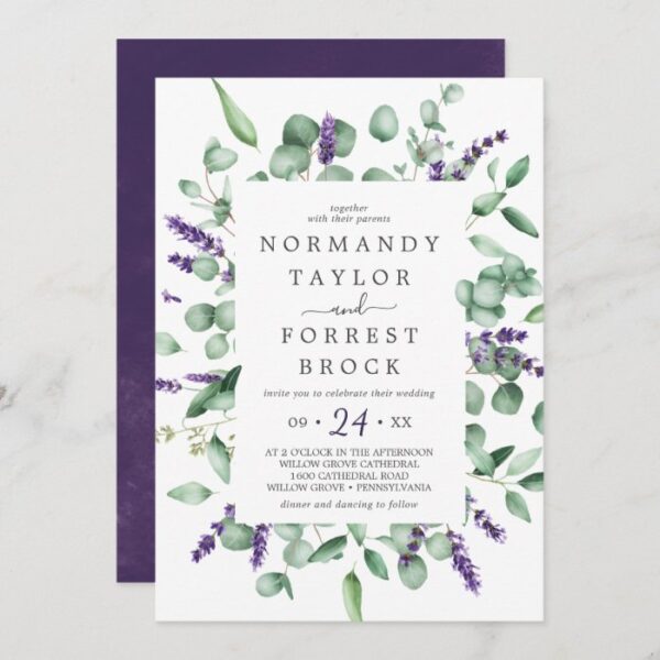 Rustic Lavender & Eucalyptus Floral Frame Wedding Invitation