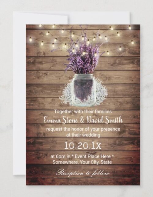 Rustic Lavender Floral Jar String Lights Wedding Invitation