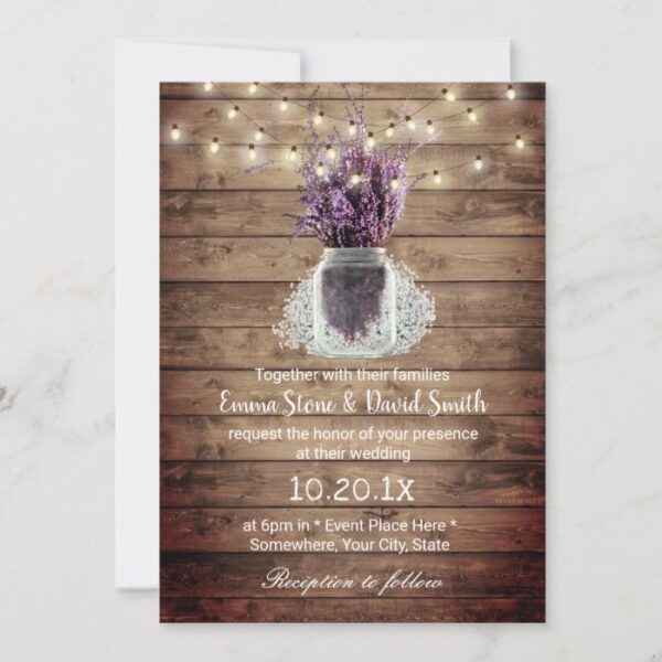 Rustic Lavender Floral Jar String Lights Wedding Invitation
