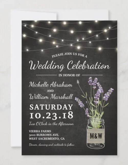 Rustic Lavender Mason Jar Lights Wedding Invitation