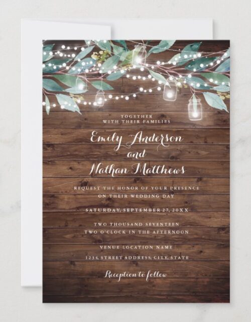 Rustic Leaf String lights Wood Wedding Invitation
