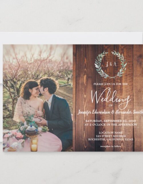 Rustic leaves on barn wood monogram photo Wedding Invitation