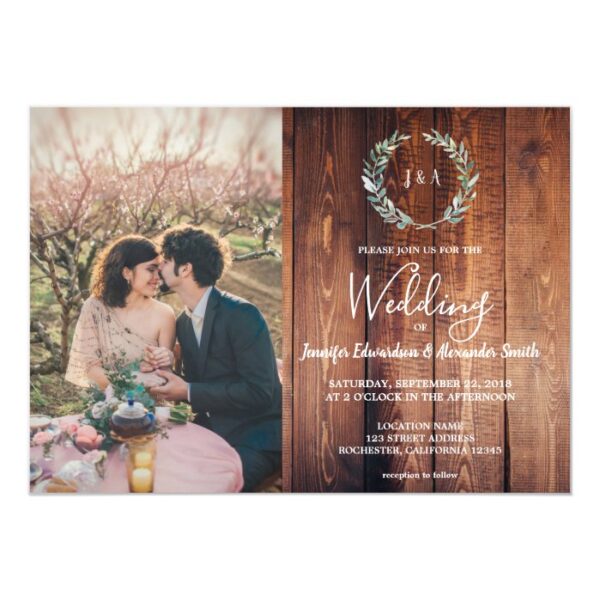 Rustic leaves on barn wood monogram photo Wedding Magnetic Invitation