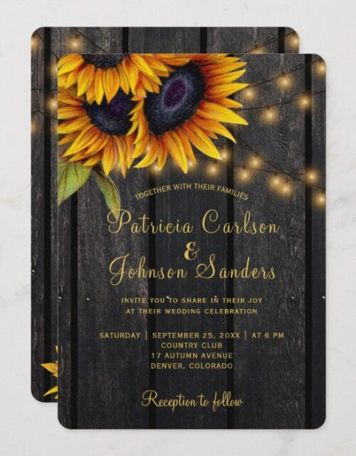 Rustic lights sunflower barn wood wedding invitation