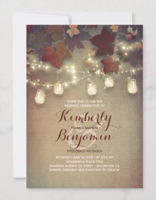 Rustic Maple Leaves and Mason Jars Fall Wedding Invitation