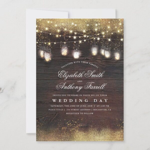 Rustic Mason Jar Lights and Gold Glitter Wedding Invitation