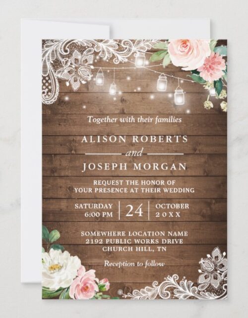 Rustic Mason Jar Lights Floral Lace Wedding Invitation