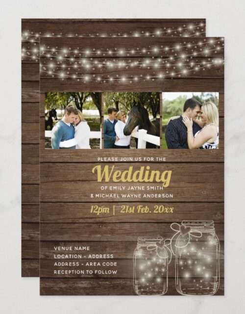 Rustic Mason Jar Lights PHOTO COLLAGE Wedding Invitation