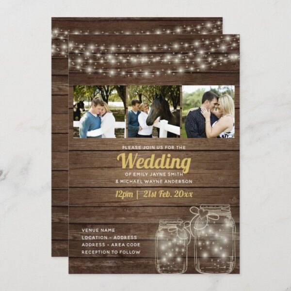 Rustic Mason Jar Lights PHOTO COLLAGE Wedding Invitation