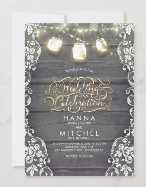 Rustic Mason Jar Lights Wood and Lace Wedding Invitation