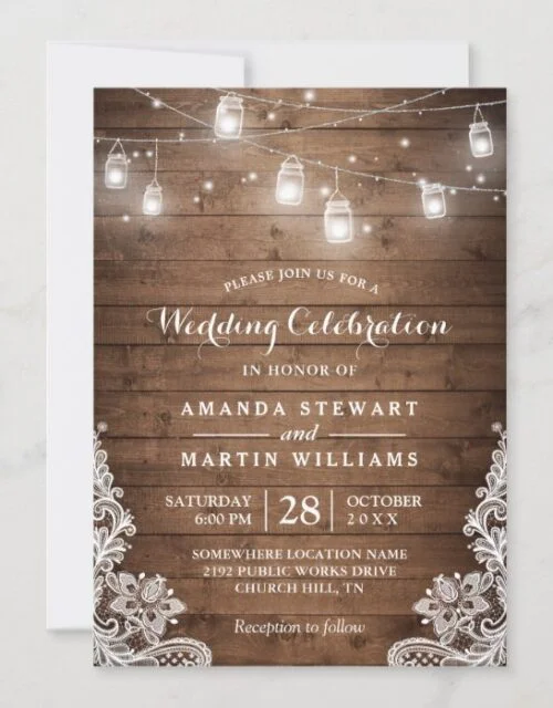 Rustic Mason Jar String Light Lace Country Wedding Invitation