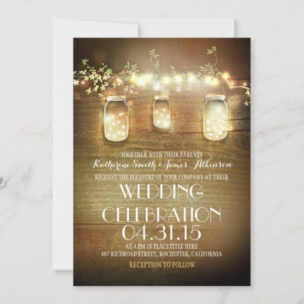 Rustic Mason Jars String Lights Elegant Wedding Invitation