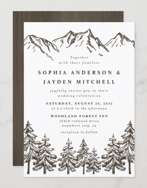 Rustic Mountain Elegant Watercolor Pine Wedding Invitation