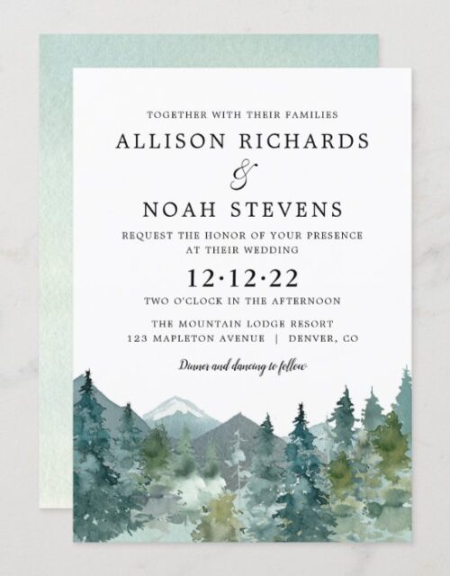 Rustic mountains forest watercolor wedding invitation