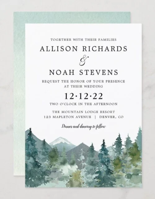 Rustic mountains forest watercolor wedding invitation