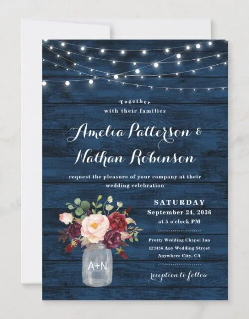 Rustic Navy Blue and Burgundy Blush Floral Wedding Invitation
