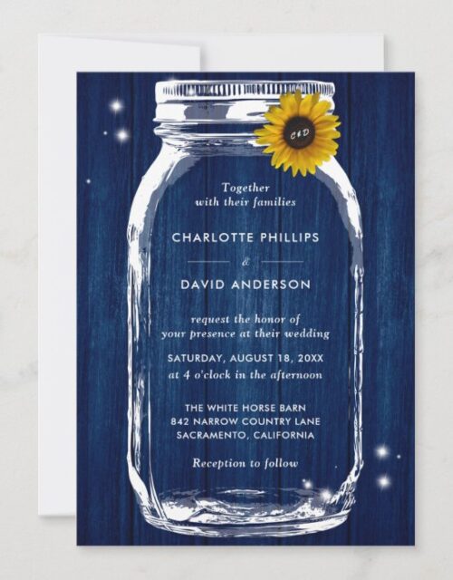 Rustic Navy Blue Sunflower Mason Jar Wedding Invitation