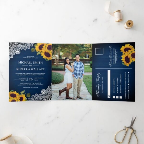 Rustic Navy Blue Wood Lace Sunflower Wedding Photo Tri-Fold Invitation