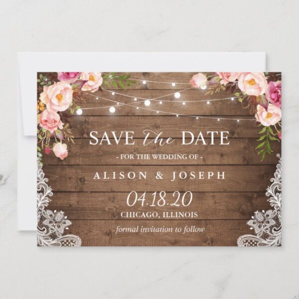 Rustic Pink Floral Lace String Light Save the Date