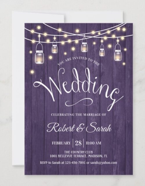 Rustic Purple Wood & Lights Wedding Invitation