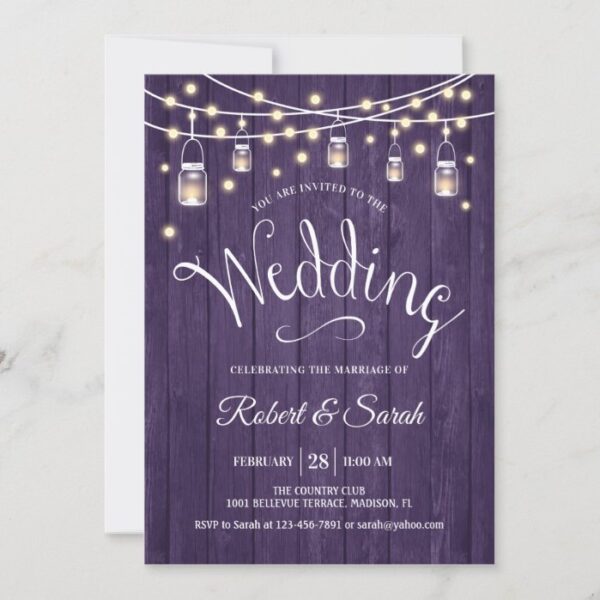 Rustic Purple Wood & Lights Wedding Invitation