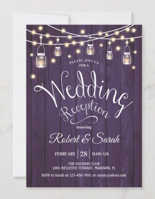 Rustic Purple Wood & Lights Wedding Reception Invitation