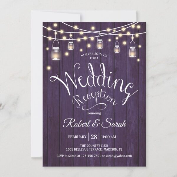 Rustic Purple Wood & Lights Wedding Reception Invitation