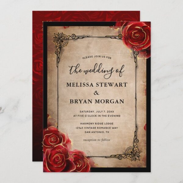 Rustic Red Rose Gold Black Vintage Elegant Wedding Invitation