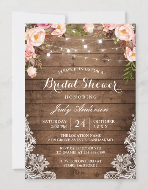 Rustic String Lights Lace Floral Bridal Shower Invitation