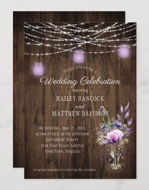Rustic String Lights Violet Mason Jars Wedding Invitation
