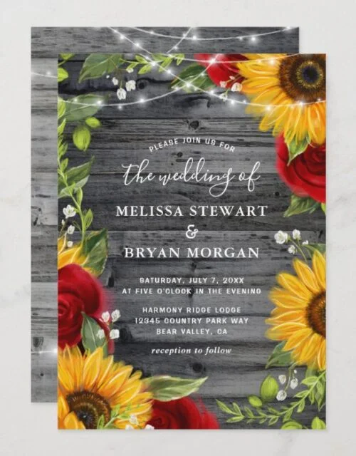 Rustic Sunflower Burgundy Red Rose Wood Wedding Invitation