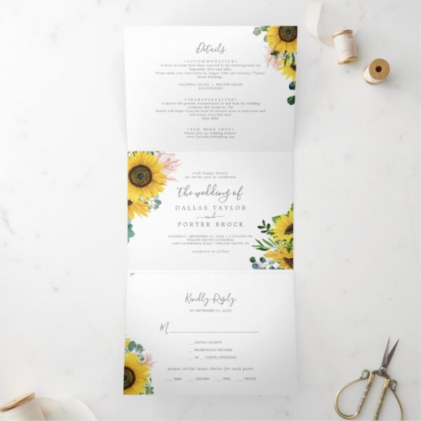 Rustic Sunflower Photo Wedding All In One Tri-Fold Invitation